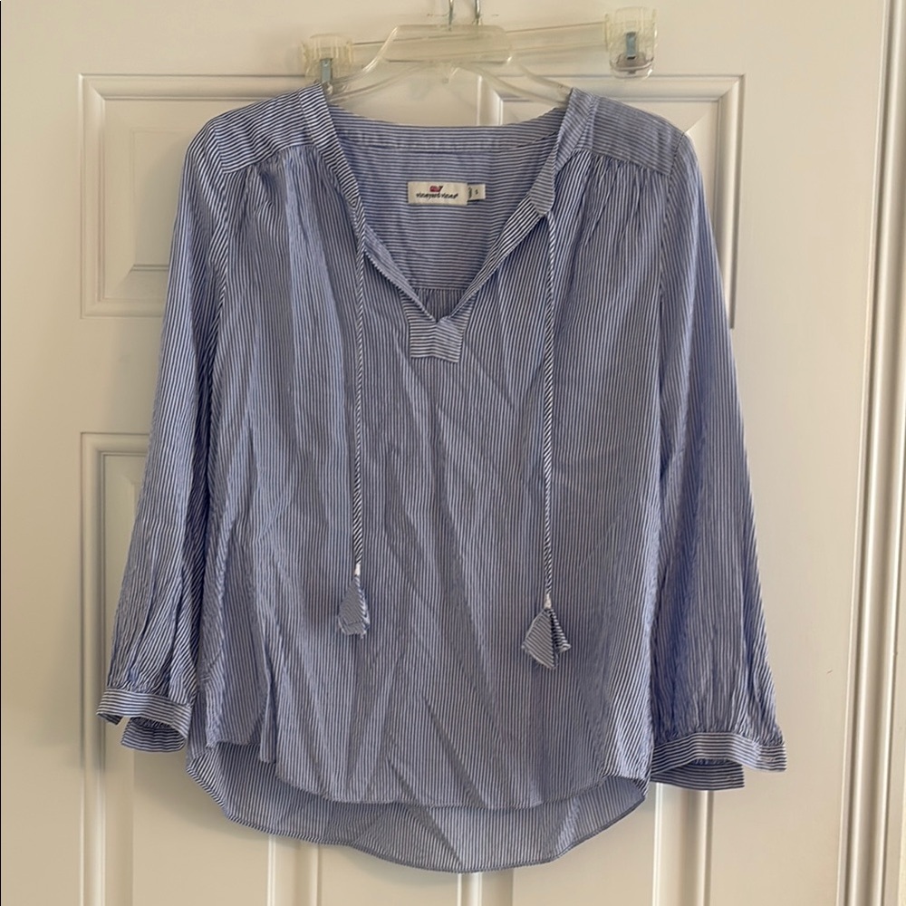 Light Blue Striped Women's Peasant Blouse - Casual V-Neck Top